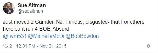 Sue Altman tweet: Just moved 2 Camden NJ